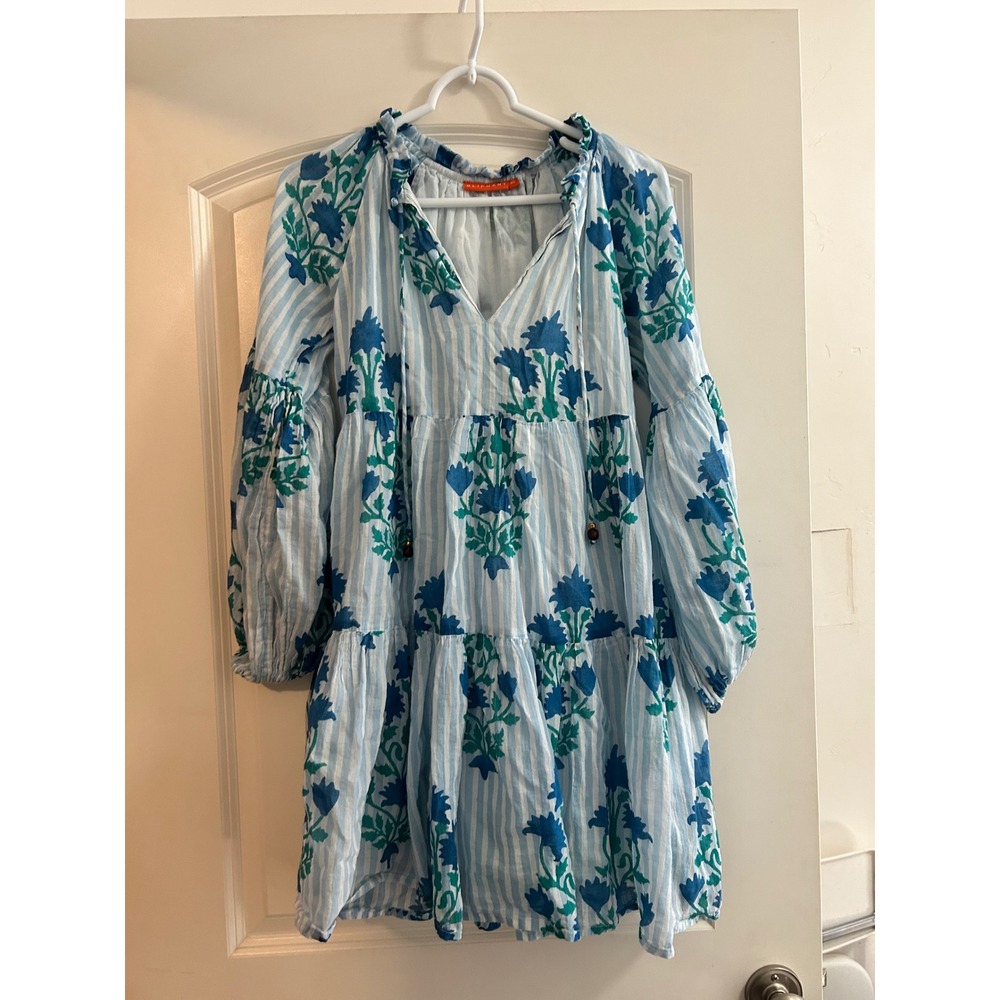 Oliphant Blue White Striped Floral Tiered Mini Dress XS Cotton Boho Resort Tie